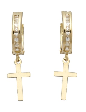 Aretes huggies de cruz Horoz de oro 10 k con acabado pulido zirconia