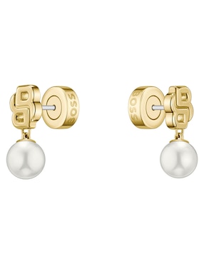 Aretes cortos Hugo Boss Double B Mirelle con acabado brillante imitación perla
