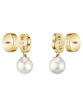 Aretes cortos Hugo Boss Double B Mirelle con acabado brillante imitación perla