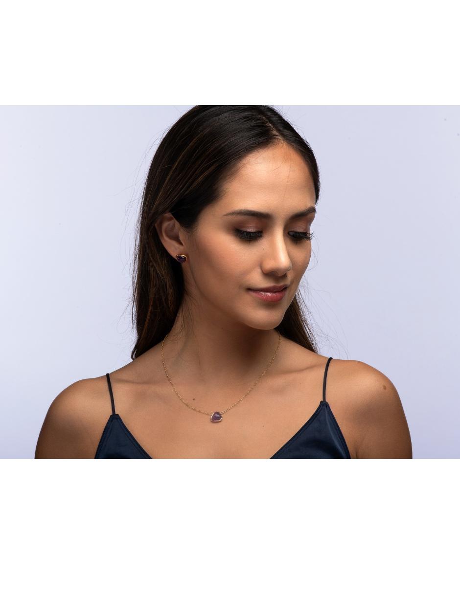 LuckyLy Set Juego de Joyería para Mujer Cuarzo Amatista  Aretes y Collar Aline Acero Inoxidable Baño Oro Rosa Oro Plata 