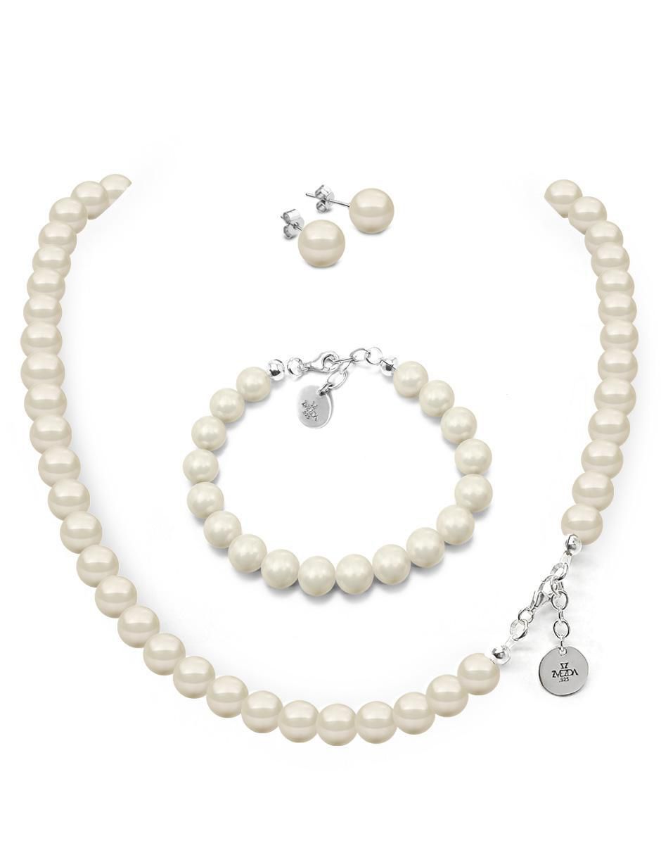 Aretes, collar y pulsera redondos Pearls plata cristal 2