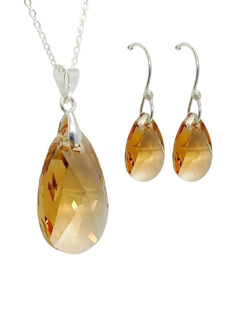 Aretes y collar de hoja Leaves de plata P 925 cristal