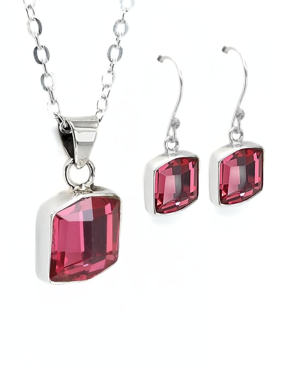 Aretes y collar hexagonal Fancy de plata P925 cristal Aretes y collar hexagonal Fancy de plata P925 cristal