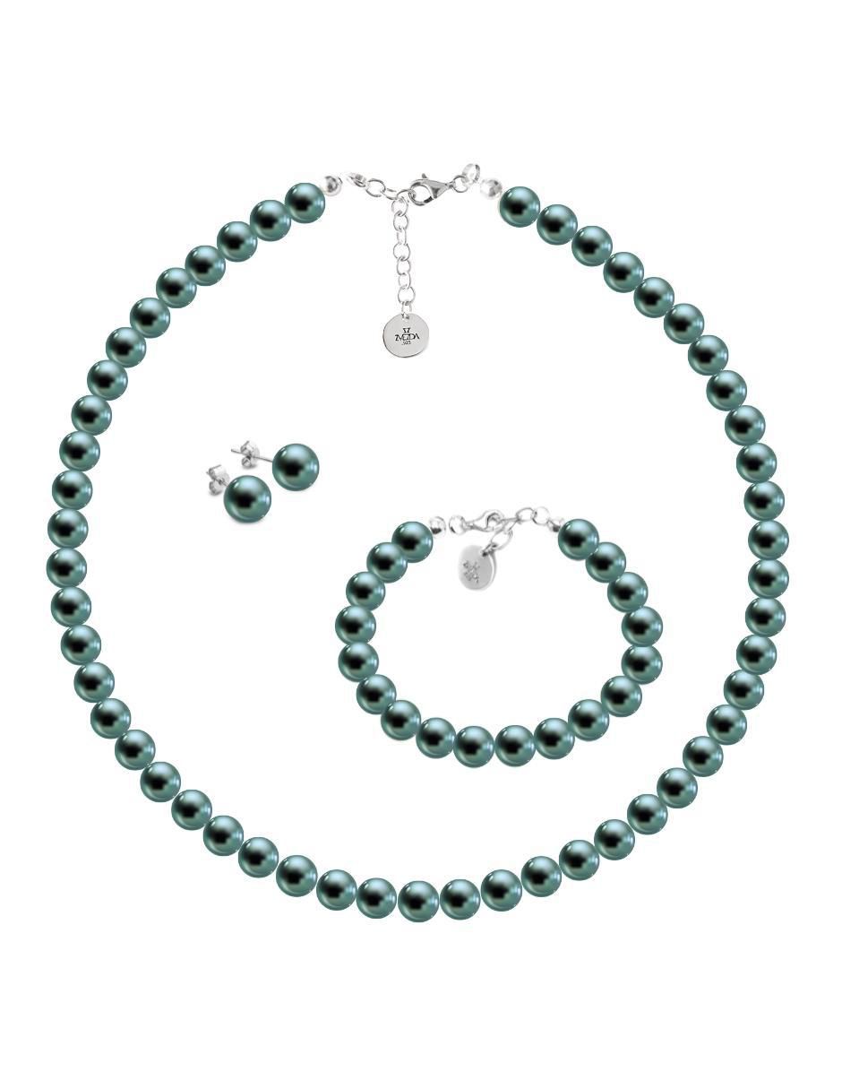Aretes collar y pulsera perlas de cristal de plata P925