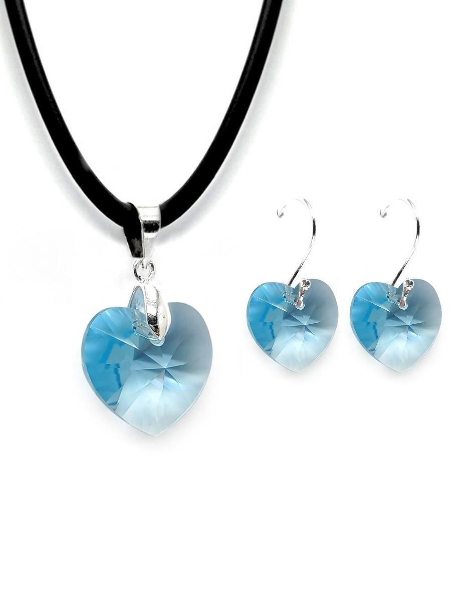 Aretes y collar de corazón de plata P925 cristal