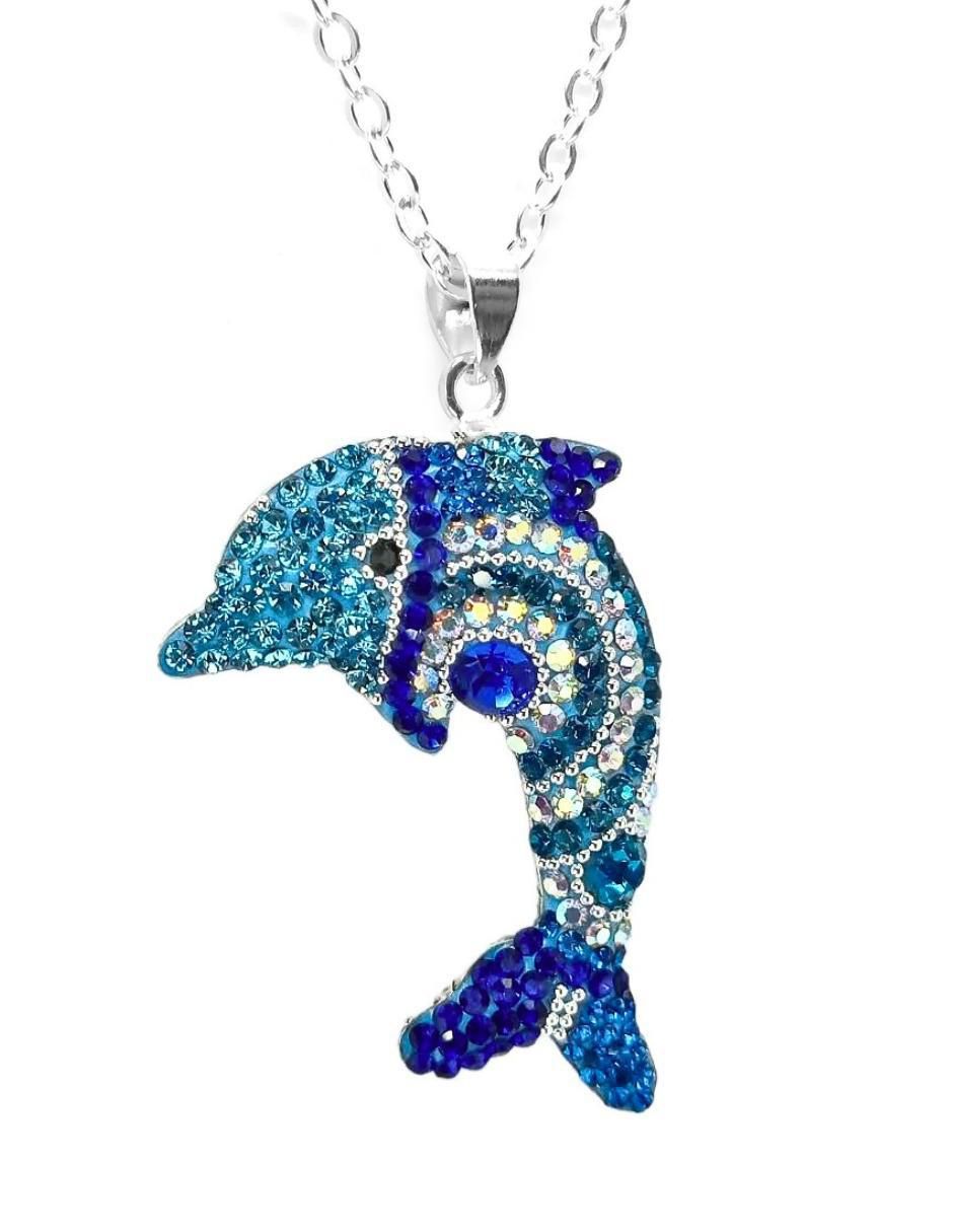 Aretes y collar de delfín de plata P925 cristal 2