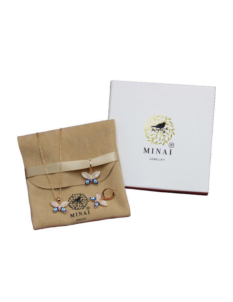 Aretes y collar de mariposa Ojo Turco de baño de oro 14 k zirconia cúbica 4