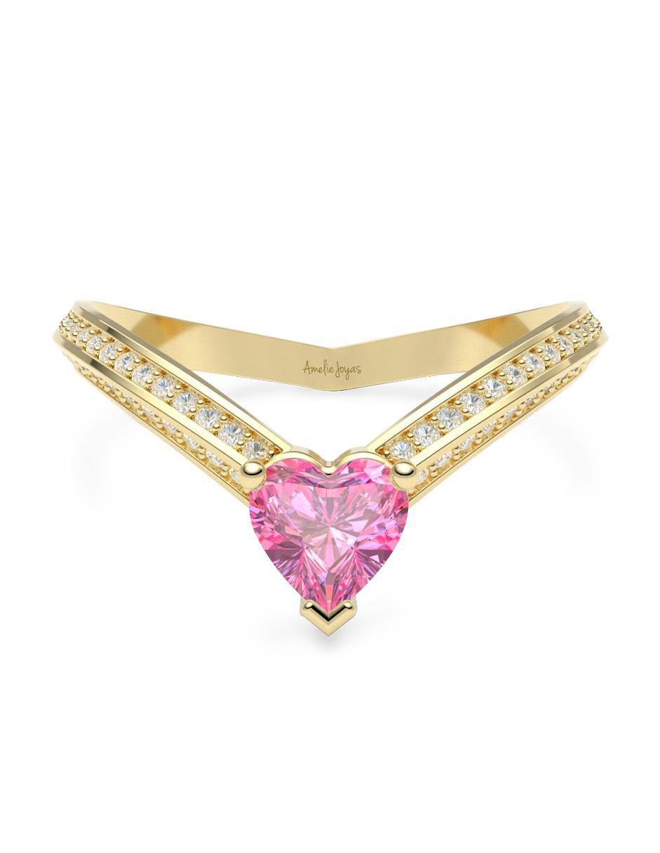 Anillo de corazón 14 k de oro zirconia brillante
