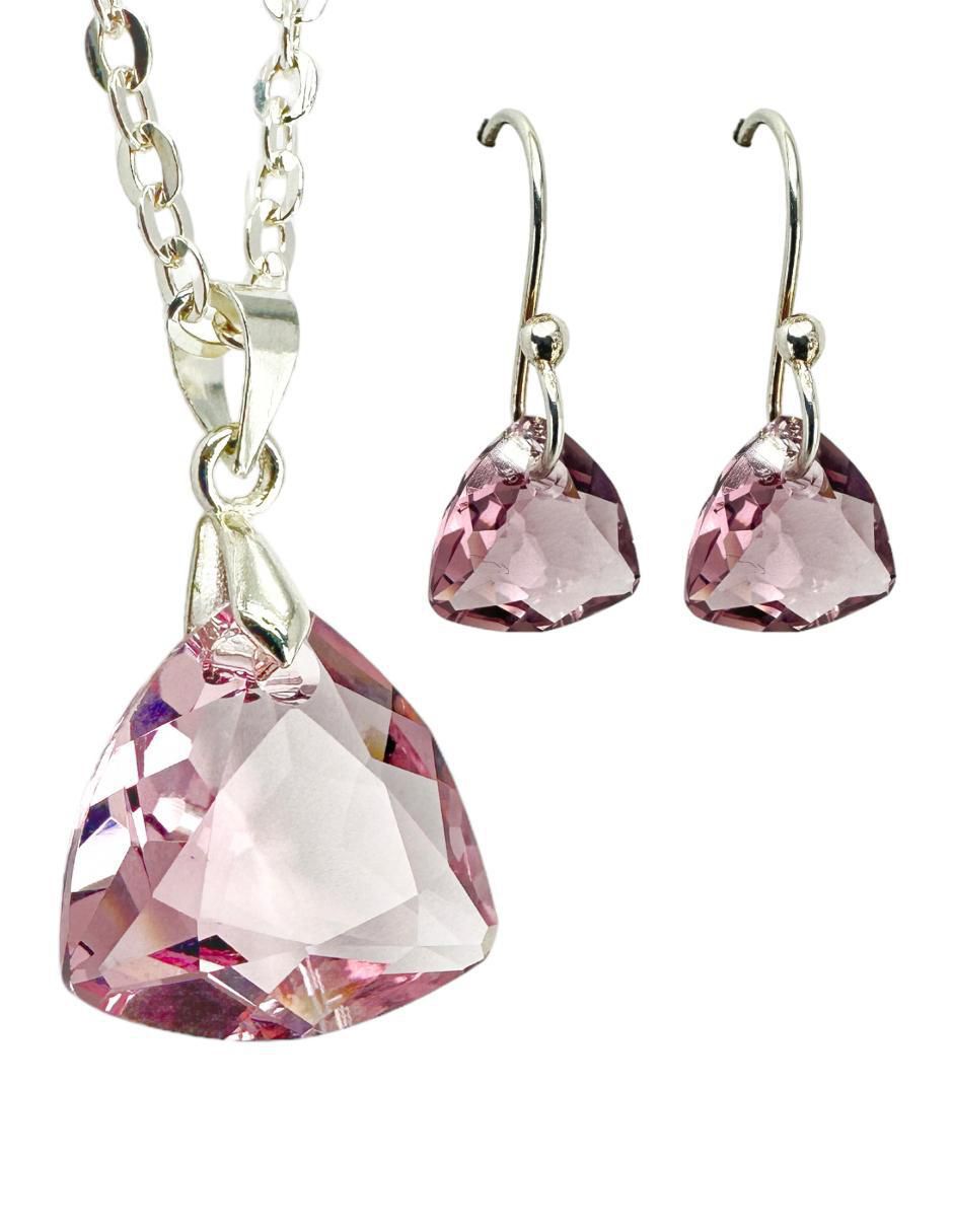Aretes y collar de triangulo Trilliant de plata P 925 cristal