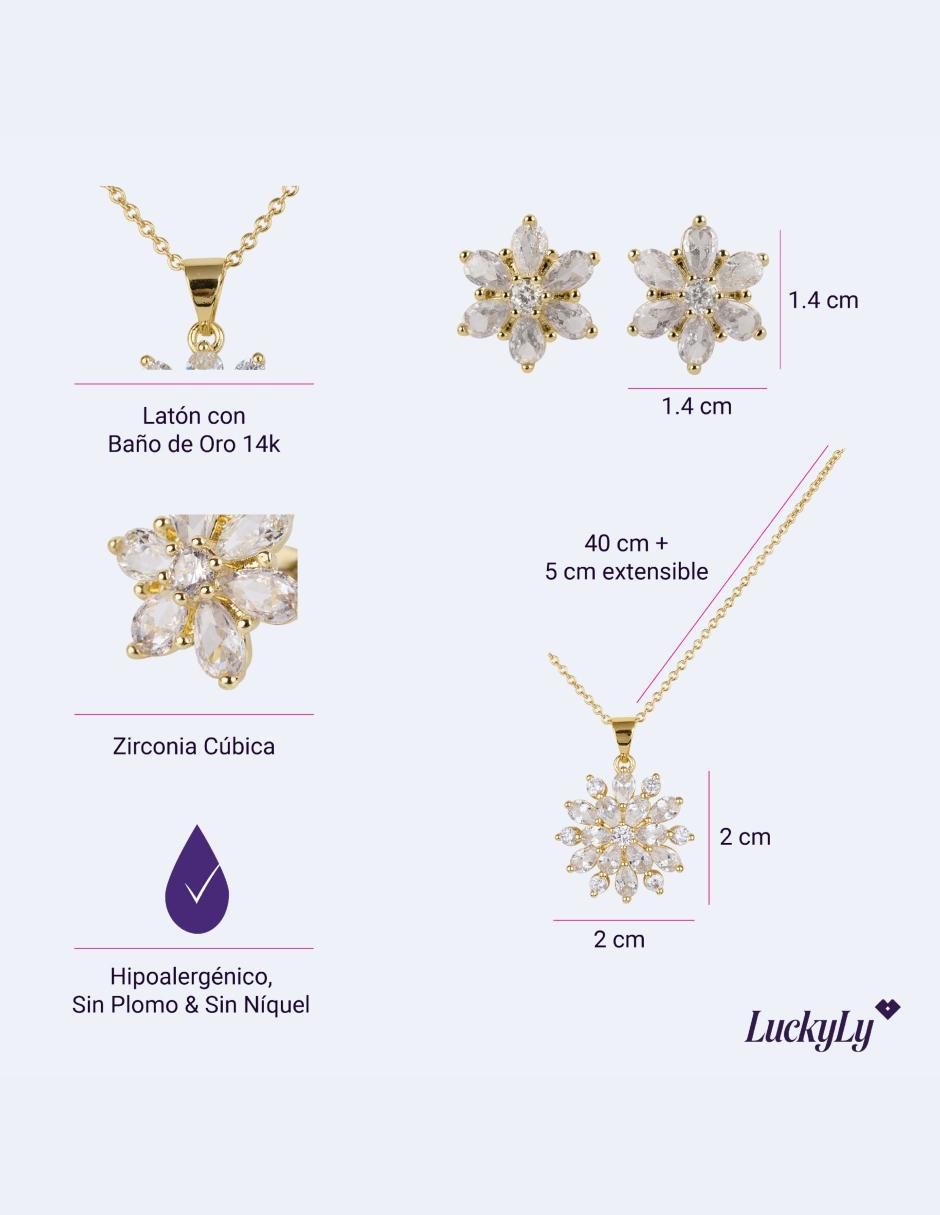 Aretes y collar de flor e baño de oro 14 K zirconia cúbica 5