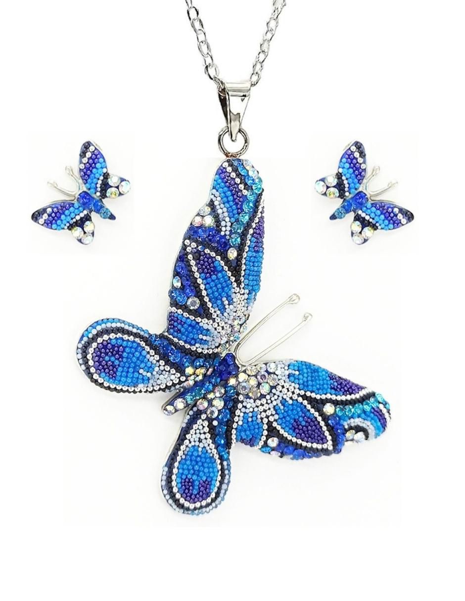 Aretes y collar de mariposa de plata P 925 cristal