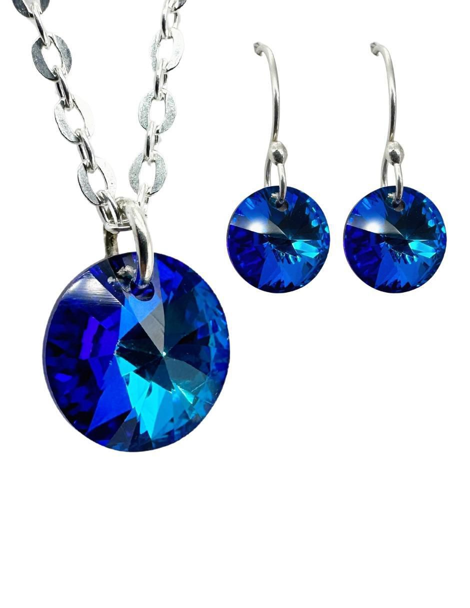 Aretes y collar redondos Xilion de plata P 925 cristal