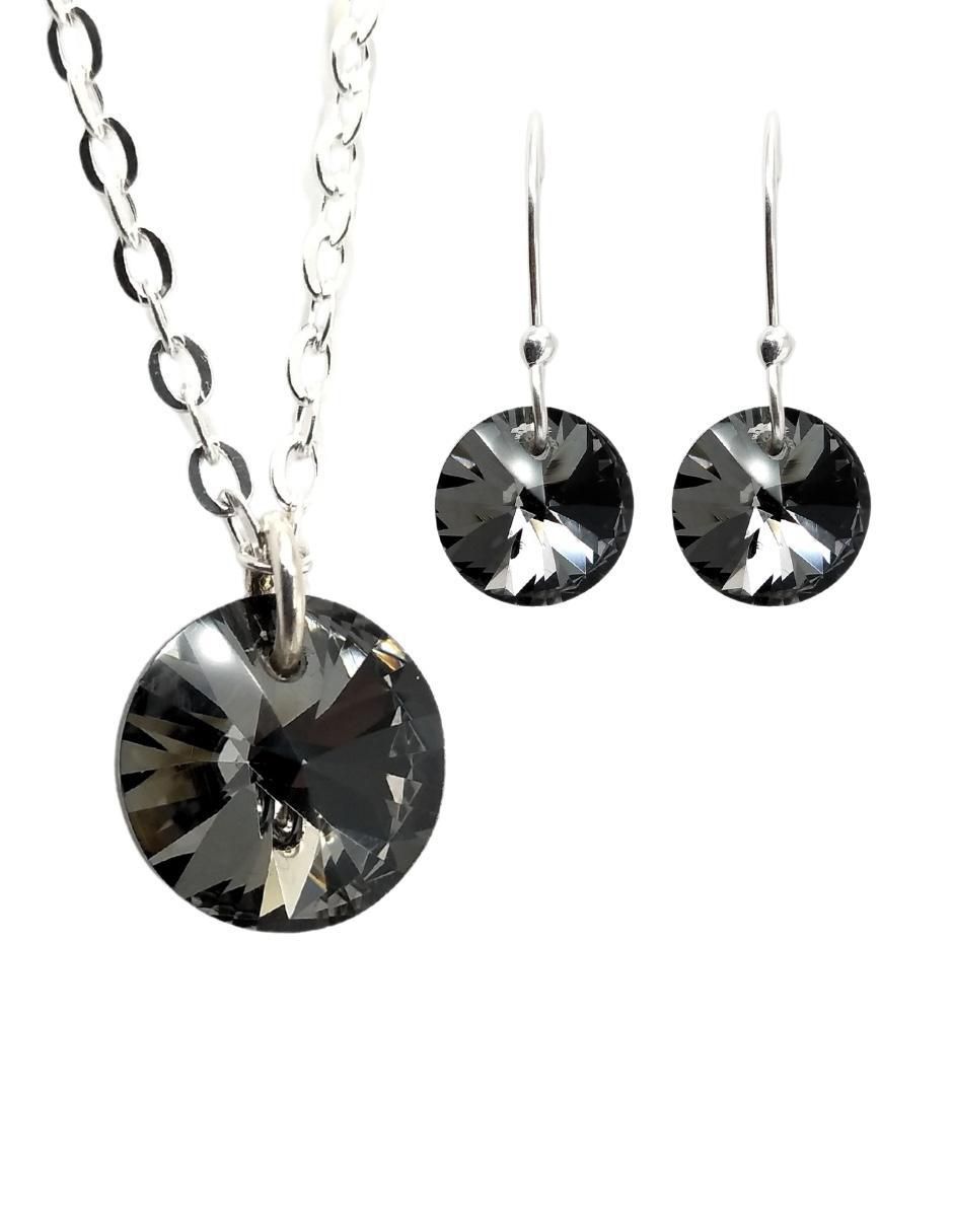 Aretes y collar redondos Xilion de plata P 925 cristal