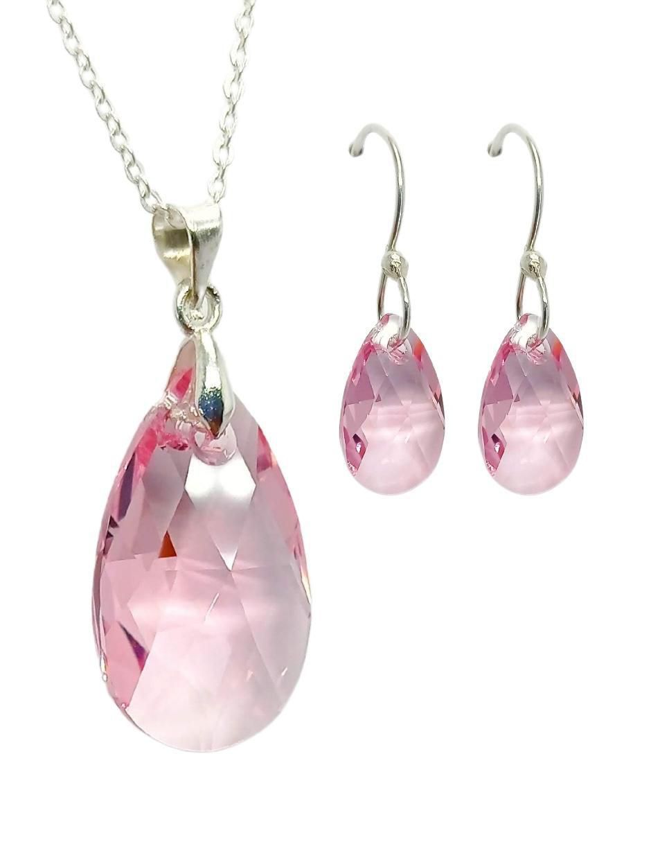 Aretes y collar de gota Leaves de plata P 925 cristal