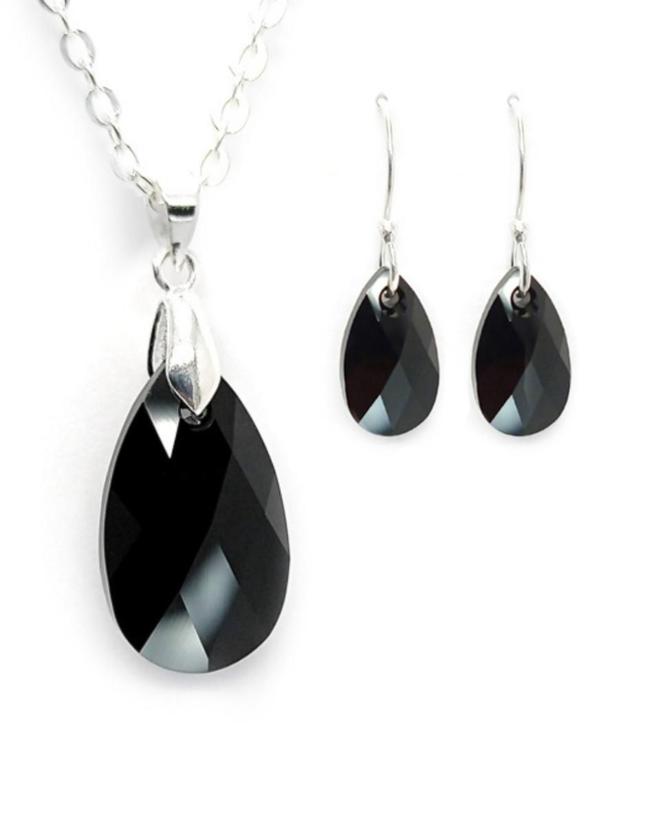Aretes y collar de gota Leaves de plata P 925 cristal