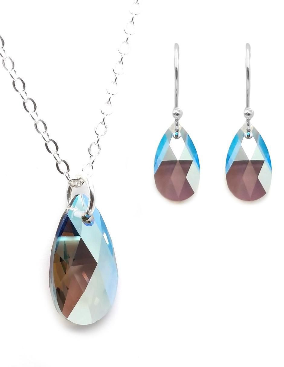 Aretes y collar de gota Leaves de plata P 925 cristal