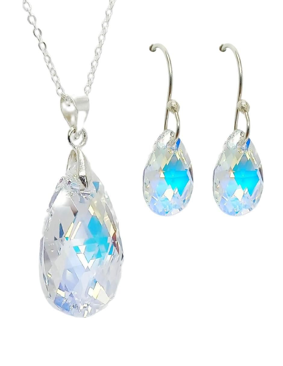 Aretes y collar de gota Leaves de plata P 925 cristal