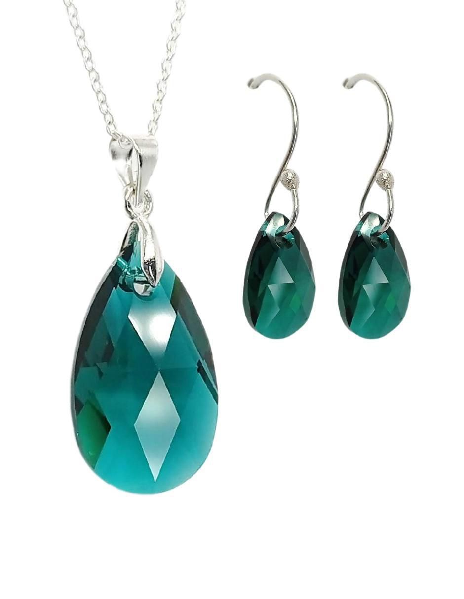 Aretes y collar de gota Leaves de plata P 925 cristal Aretes y collar de gota Leaves de plata P 925 cristal