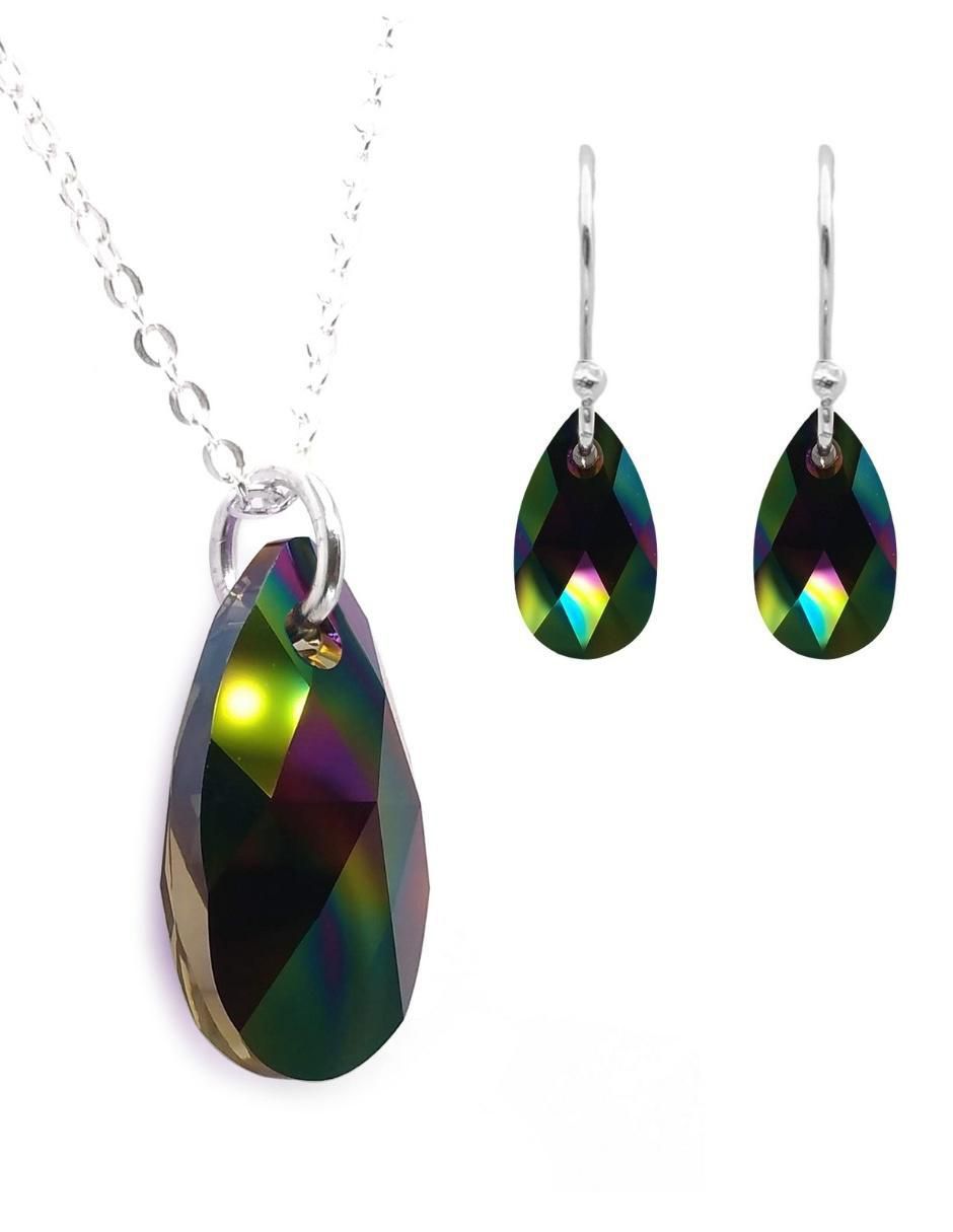 Aretes y collar de gota Leaves de plata P 925 cristal Aretes y collar de gota Leaves de plata P 925 cristal