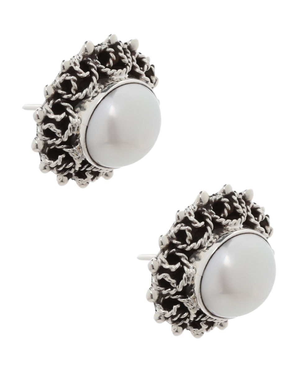 Aretes redondos Grecas de plata P 925 con acabado brillante perla 2