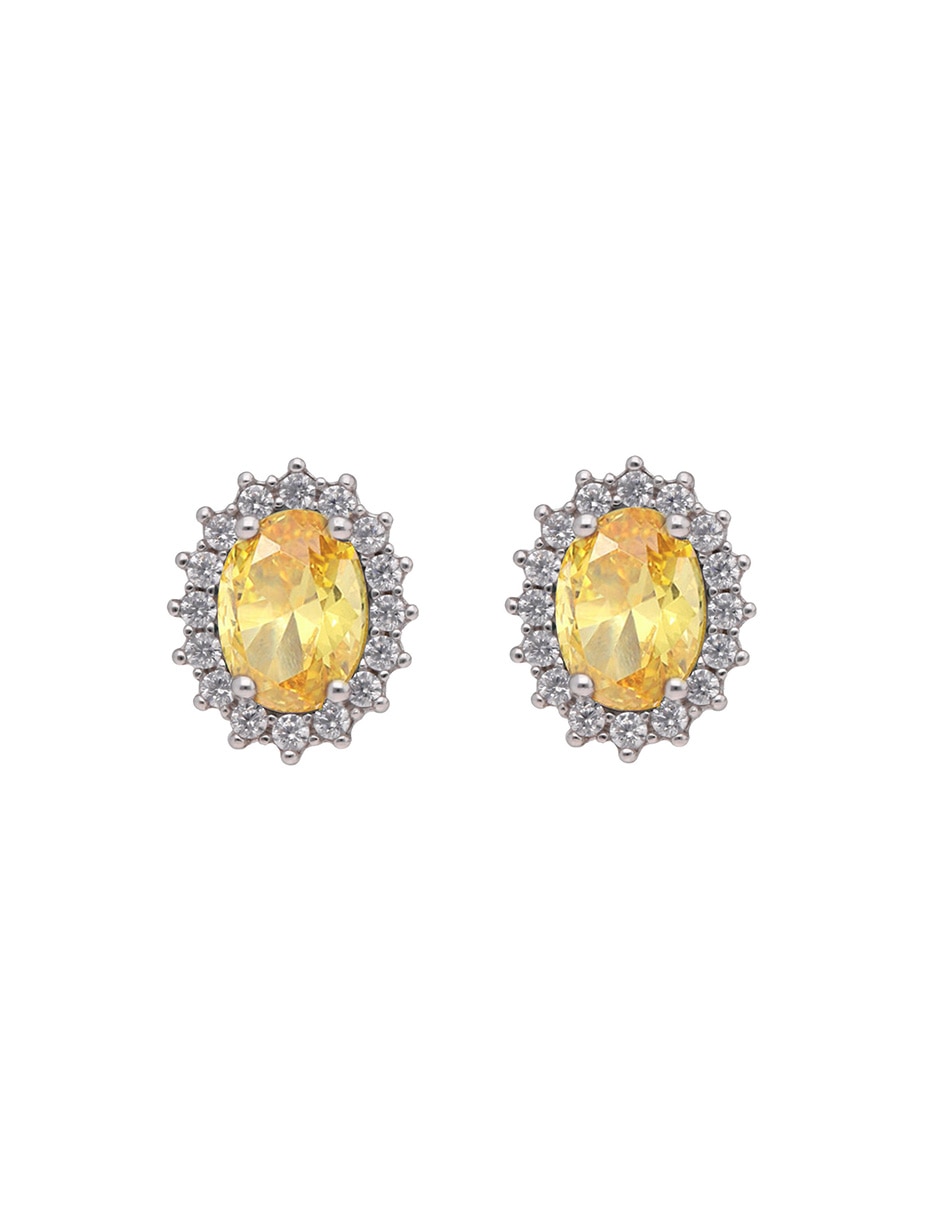 Aretes ovalados Fancy Energy Yellow de plata P 925 con acabado brillante zirconia Aretes ovalados Fancy Energy Yellow de plata P 925 con acabado brillante zirconia