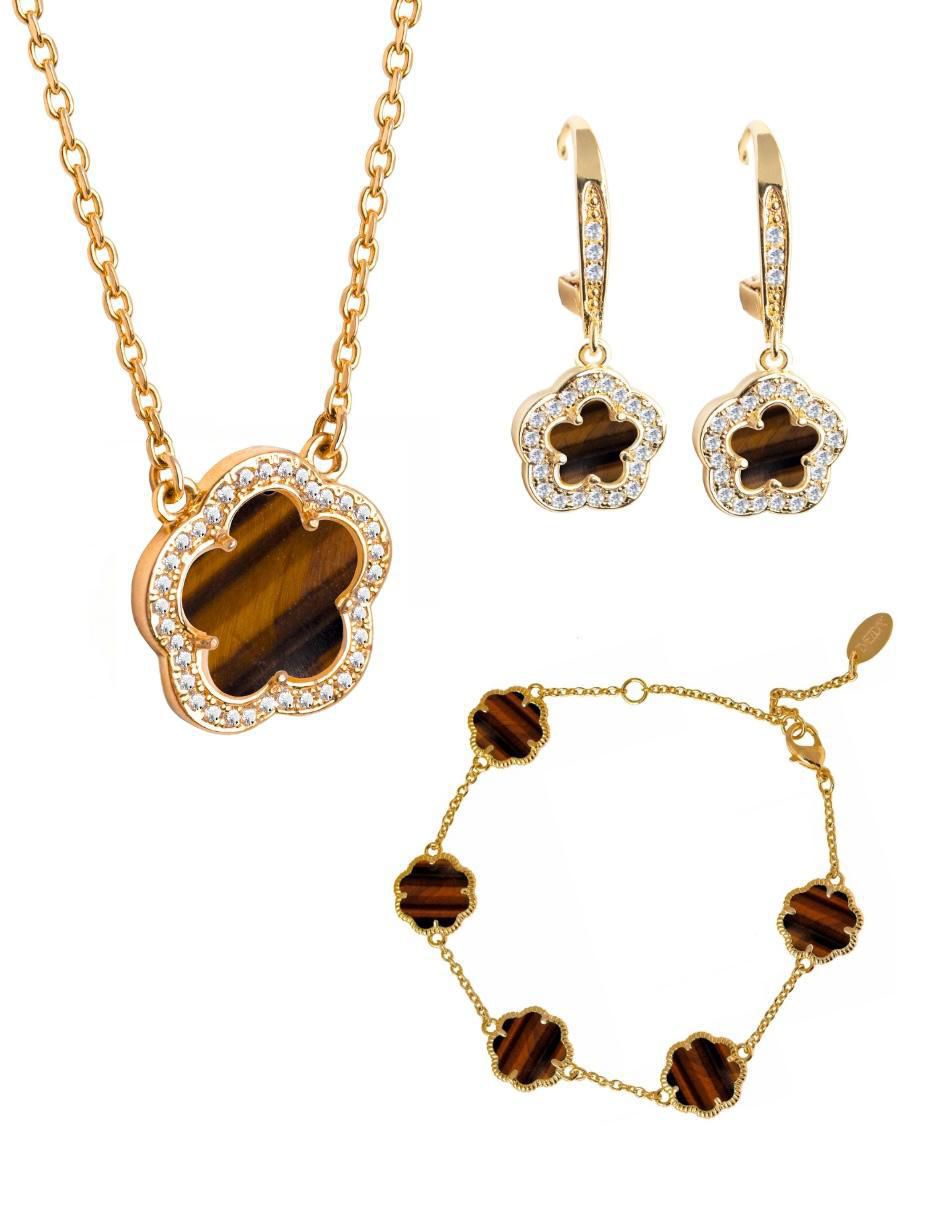 Aretes, collar y pulsera de trébol circonita Aretes, collar y pulsera de trébol circonita