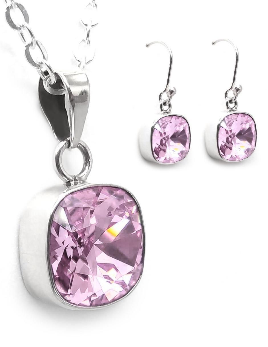 Aretes y collar cuadrados Cushion de plata P925 cristal