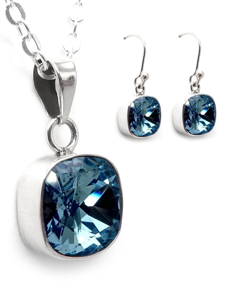 Aretes y collar cuadrados Cushion de plata P925 cristal