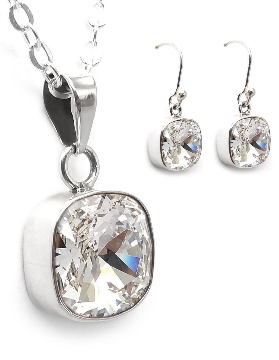 Aretes y collar cuadrados Cushion de plata P925 cristal