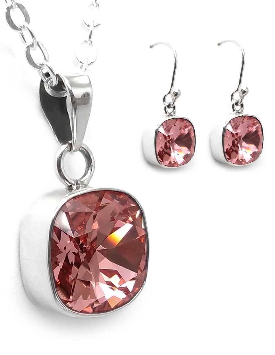 Aretes y collar cuadrados Cushion de plata P925 cristal