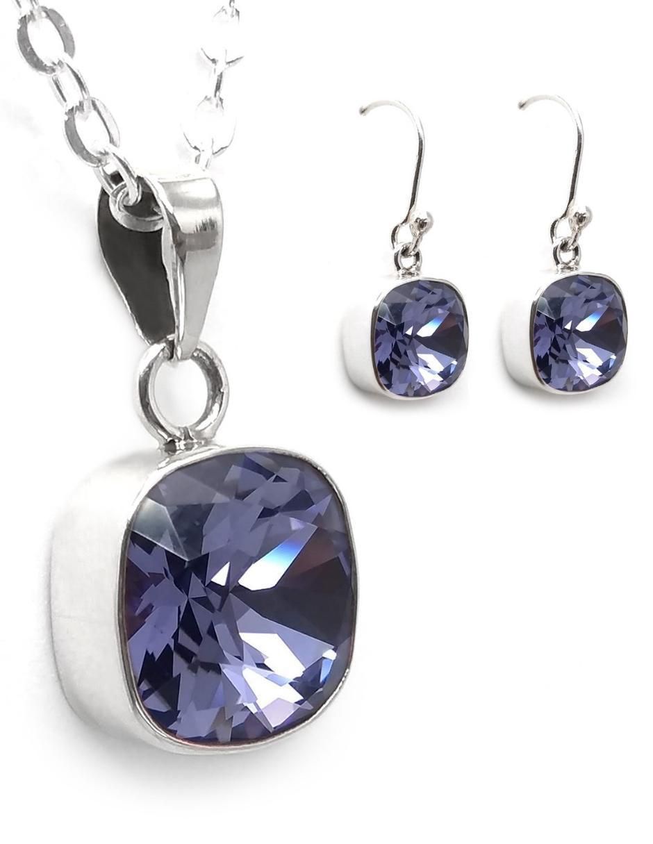 Aretes y collar cuadrados Cushion de plata P925 cristal Aretes y collar cuadrados Cushion de plata P925 cristal