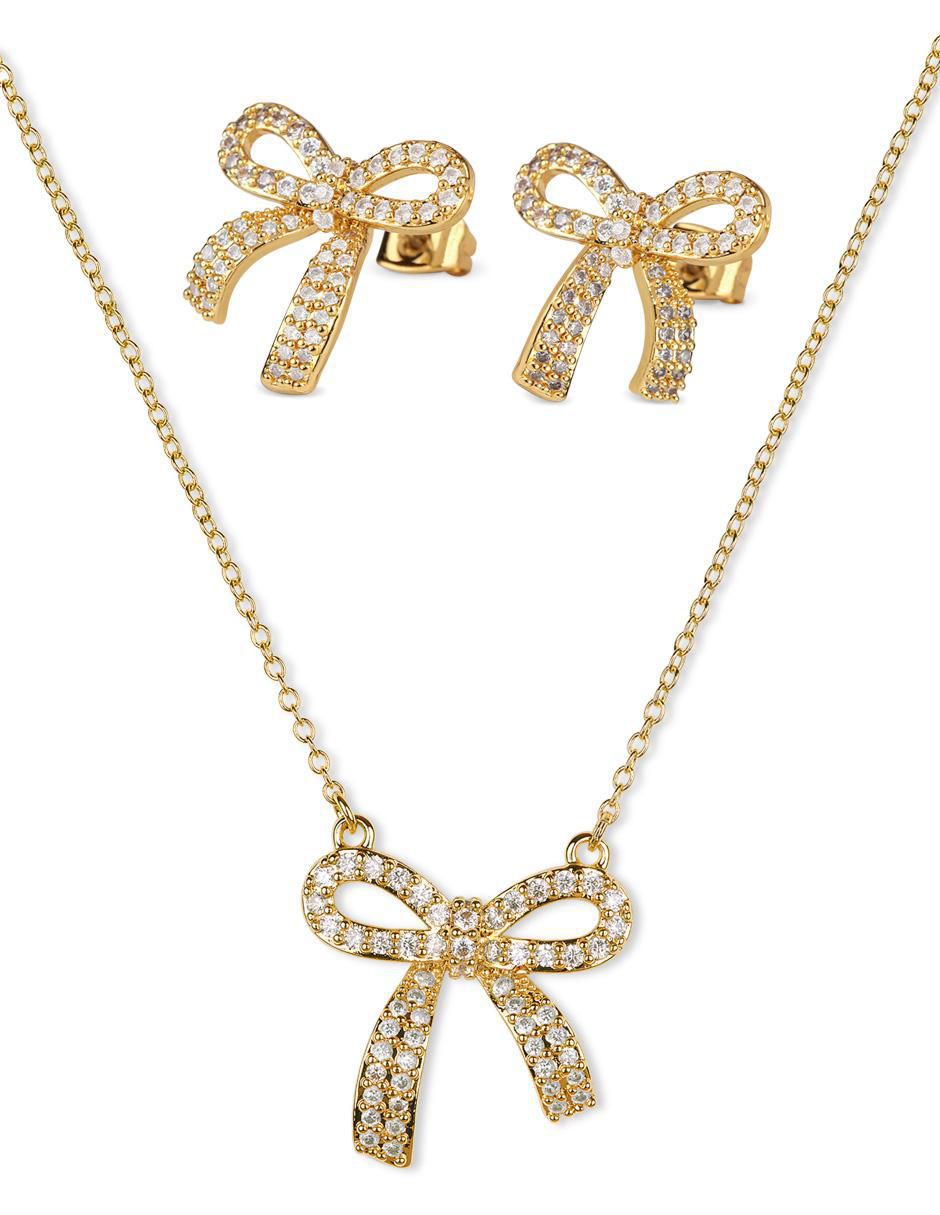 Aretes y collar de moño moñitos linda baño de oro 14k zirconia cúbica Aretes y collar de moño moñitos linda baño de oro 14k zirconia cúbica