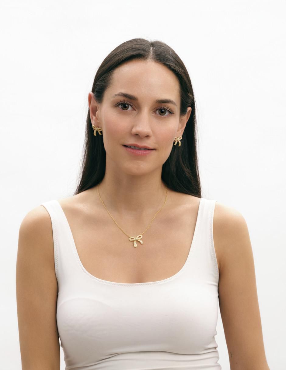 Aretes y collar de moño moñitos linda baño de oro 14k zirconia cúbica 4
