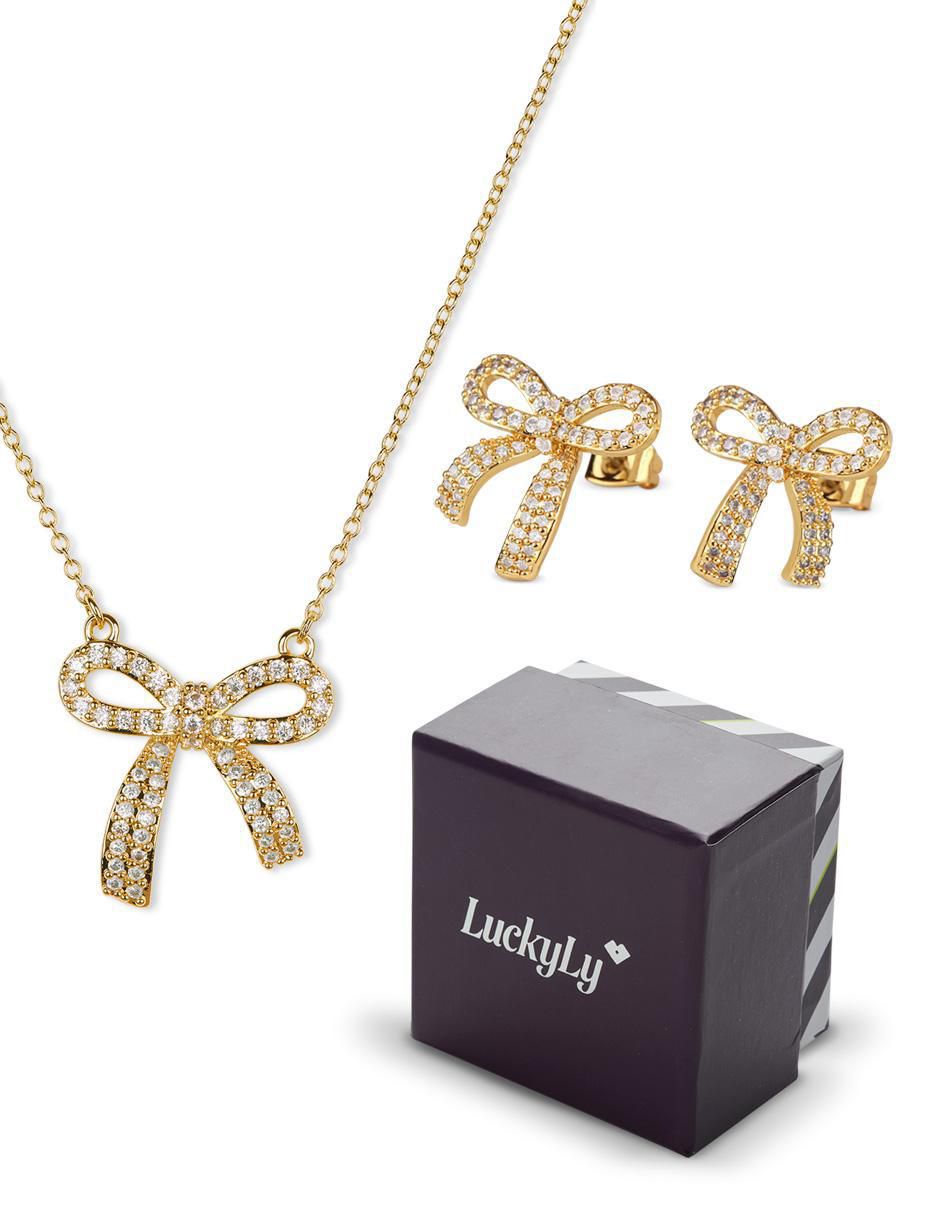 Aretes y collar de moño moñitos linda baño de oro 14k zirconia cúbica 6