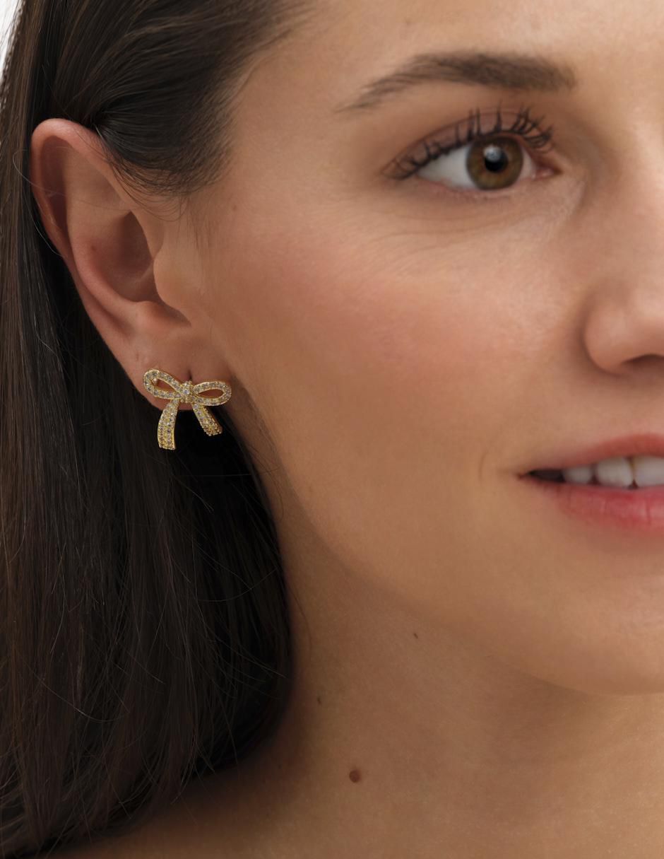 Broqueles de moño Moñitos Linda con acabado baño de oro zirconia cúbica 3