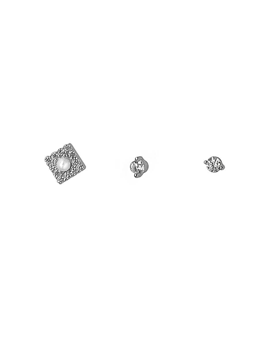 Set de aretes cuadrados de plata P 925 con acabado baño rodio perla