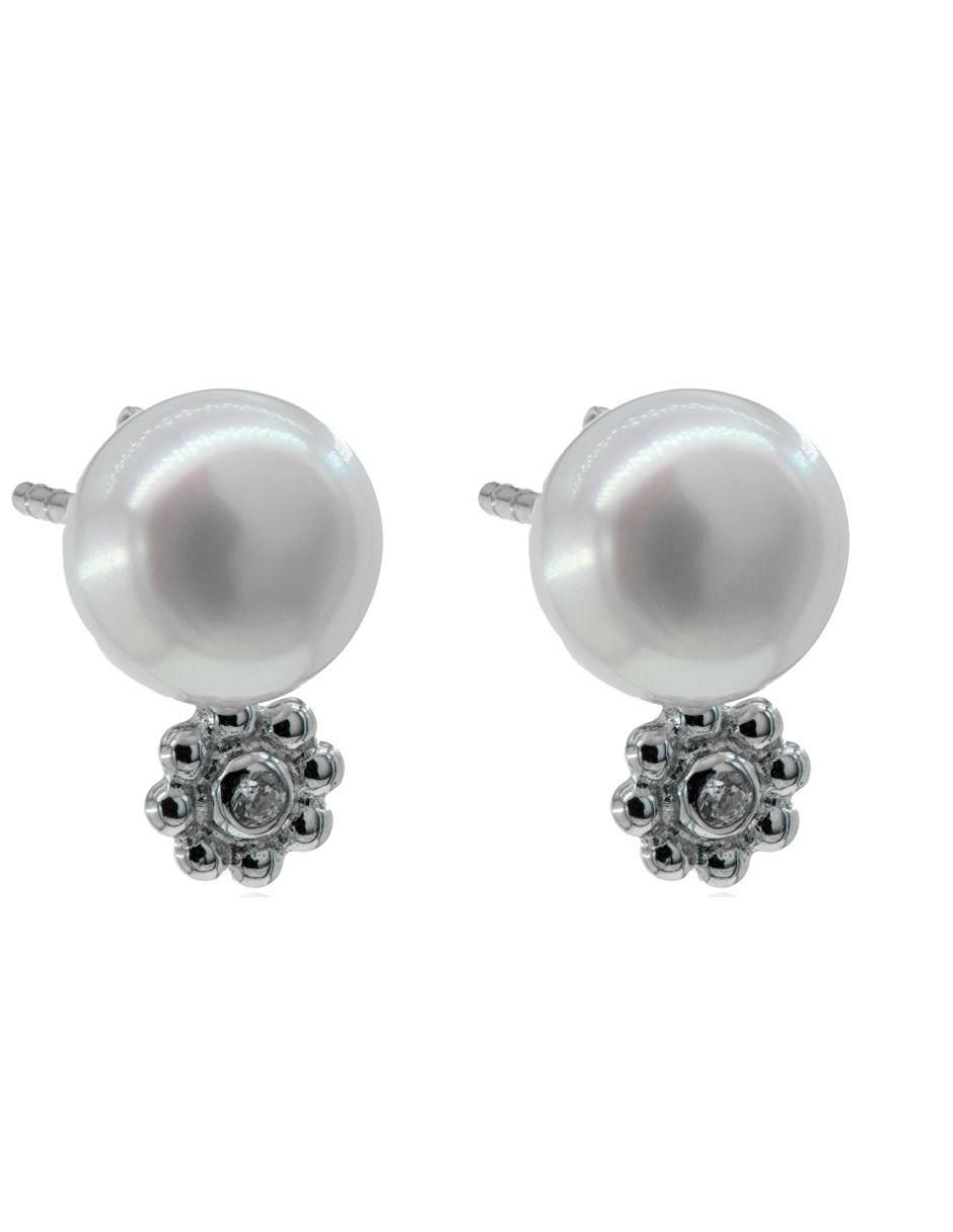 Broqueles de flor de plata P 925 con acabado baño rodio perla Broqueles de flor de plata P 925 con acabado baño rodio perla