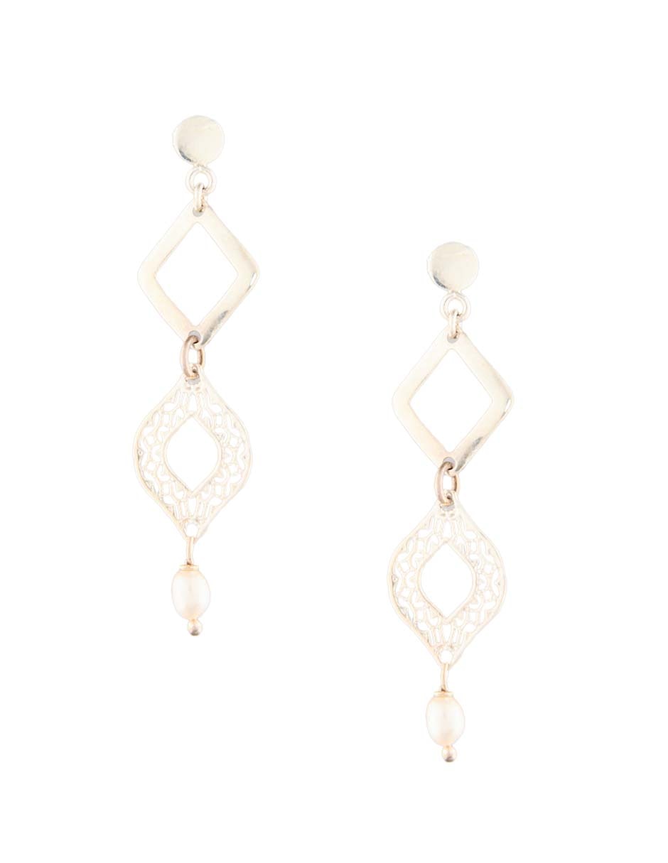 Aretes de rombo Filigrana de plata P 925 con acabado brillante perla