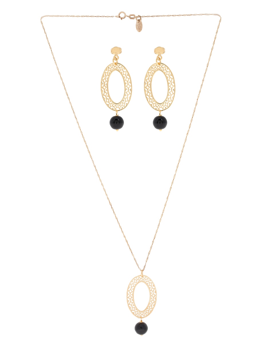 Aretes y collar ovalados Filigrana de plata P 925 ónix