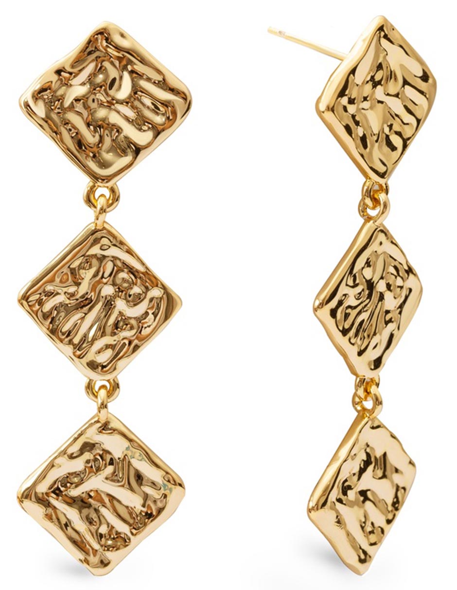 Aretes largos de rombos con acabado de oro 18 K