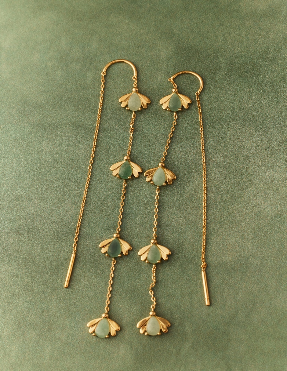 Aretes largos de luciérnaga Firefly baño de oro 18 k jade 2