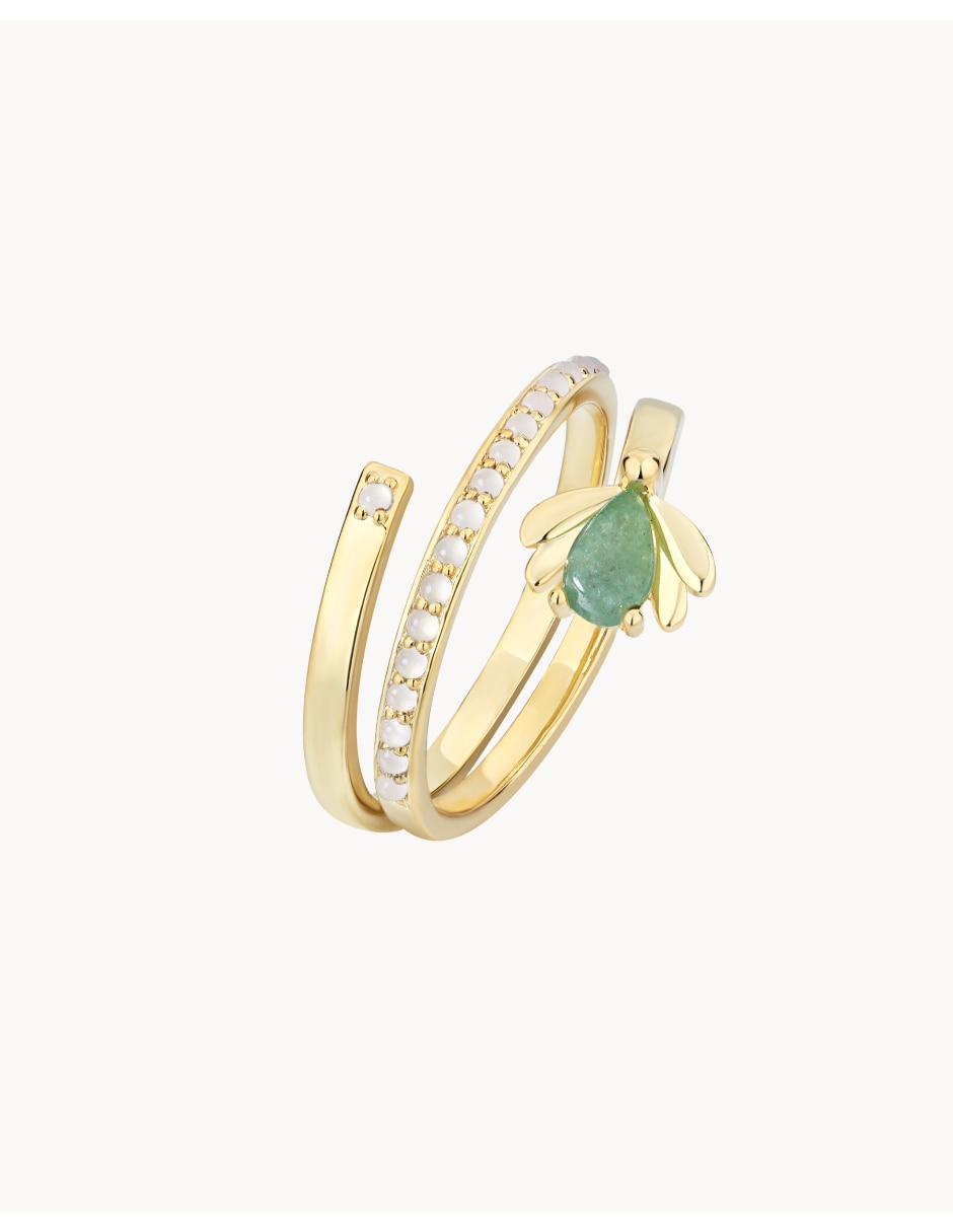 Anillo con gema de luciérnaga Firefly jade con acabado baño de oro