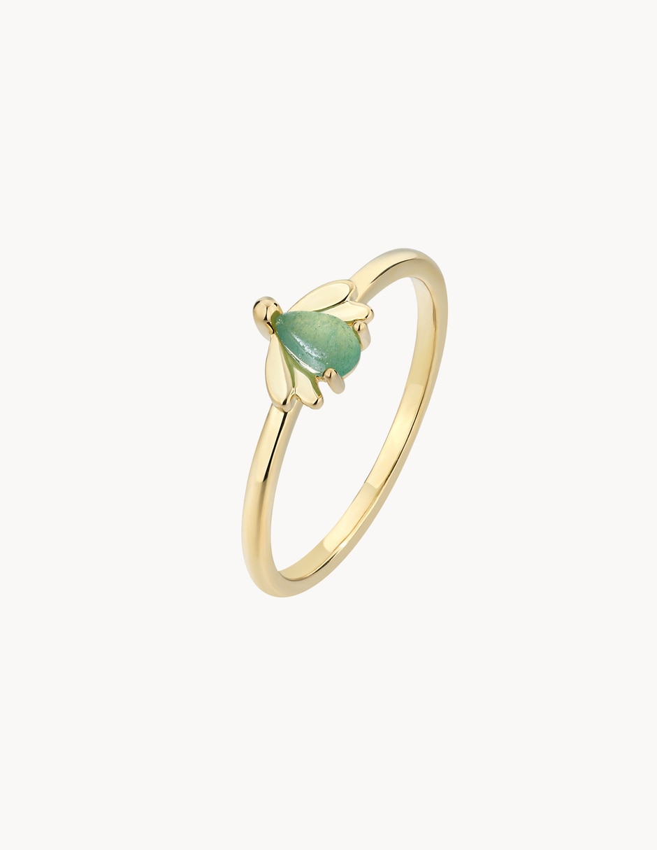 Anillo con gema de luciérnaga Firefly jade con acabado baño de oro