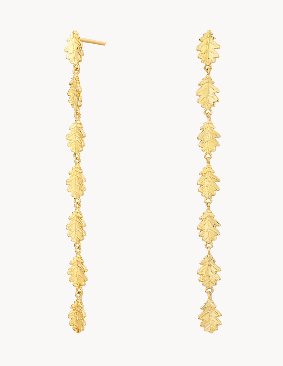 Aretes largos de hoja Into the Woods baño de oro 18 k
