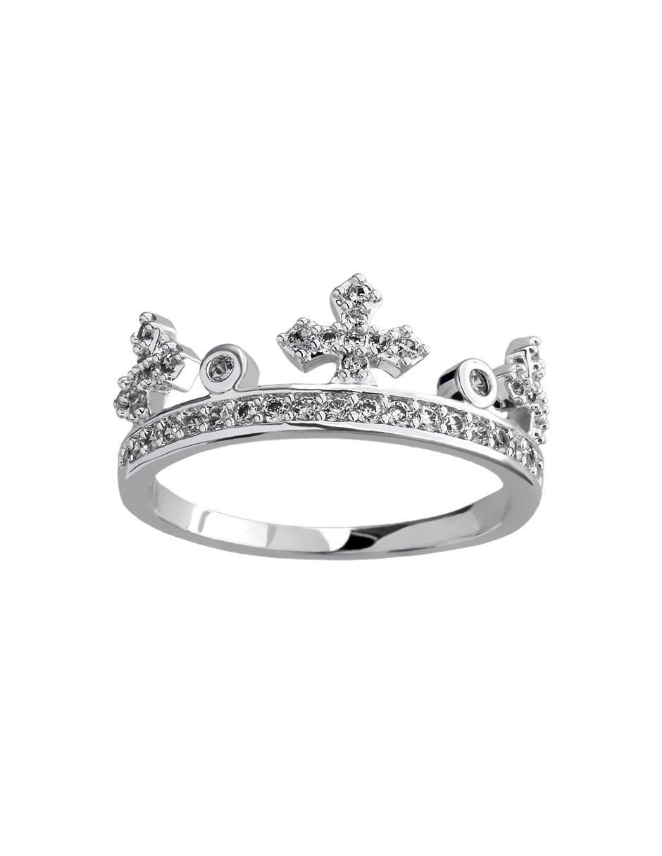 Anillo con gema de corona Elegance cristal con acabado baño de oro blanco
