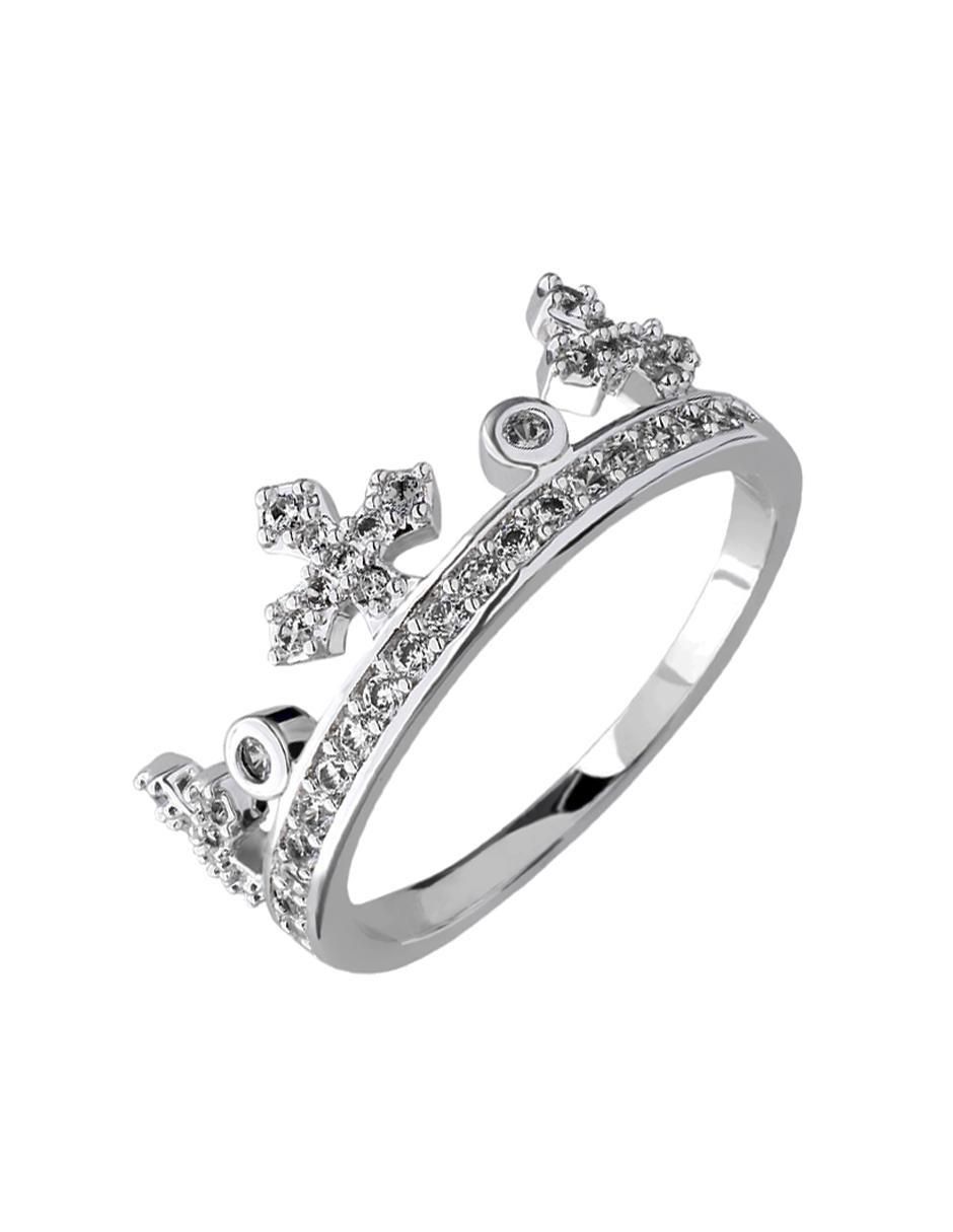Anillo con gema de corona Elegance cristal con acabado baño de oro blanco 2