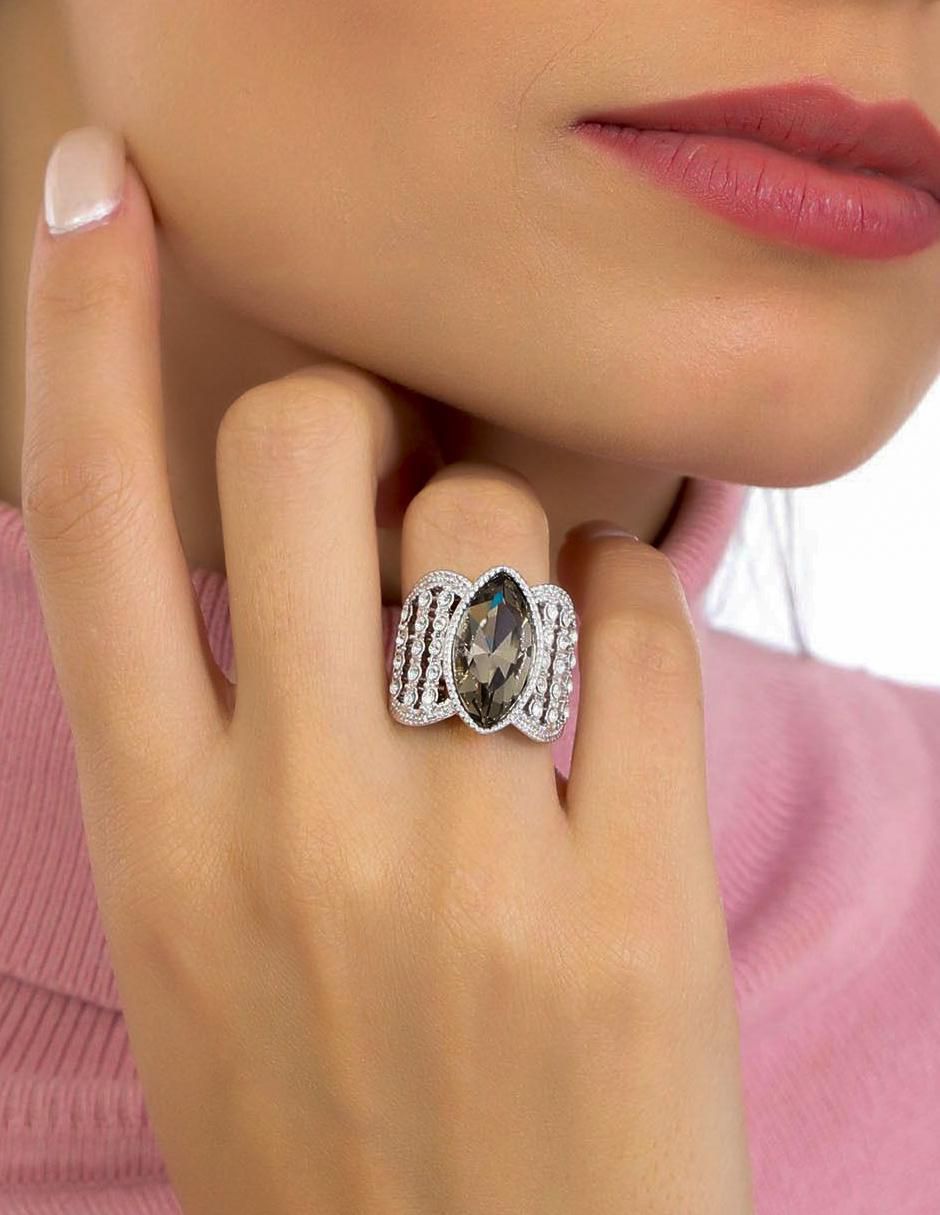 Anillo multi gemas ovalado Elegance cristal con acabado baño de oro blanco 3