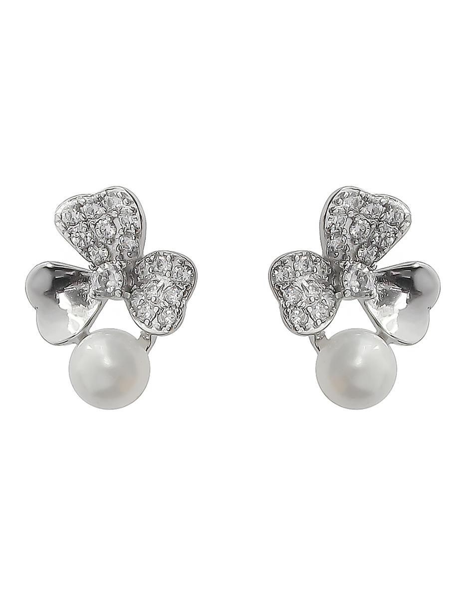 Aretes de trébol de plata P 925 con acabado baño rodio circonita Aretes de trébol de plata P 925 con acabado baño rodio circonita