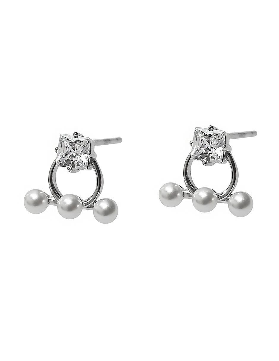 Aretes circulares de plata P 925 con acabado baño rodio circonita 2