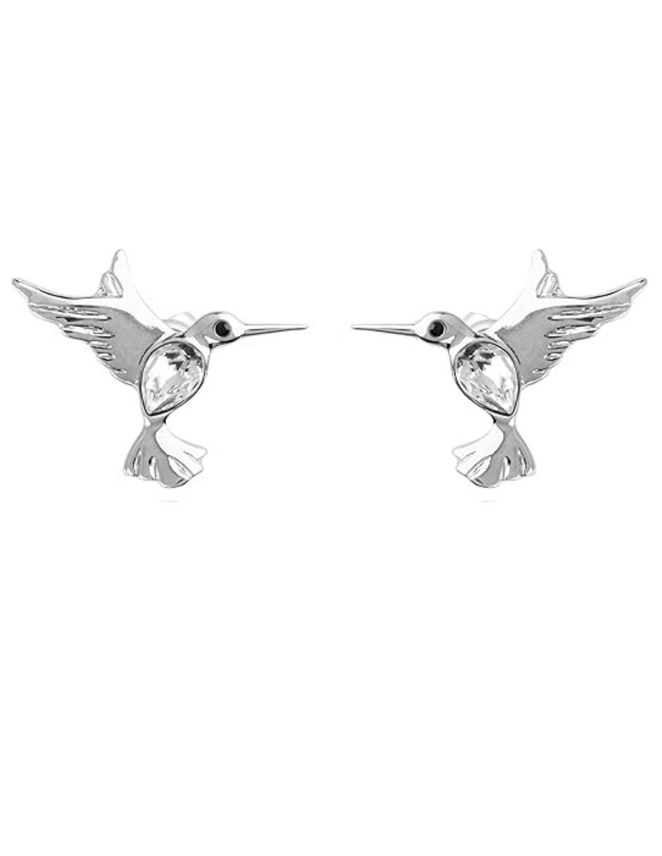 Broqueles de colibrí con acabado baño rodio cristal Broqueles de colibrí con acabado baño rodio cristal